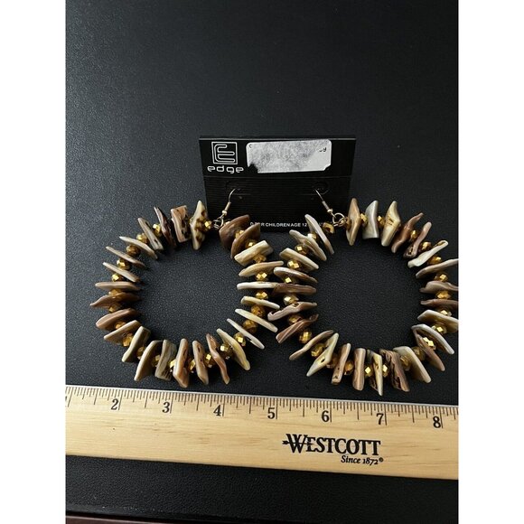 Edge Jumbo Flat Brown Squares Gold HOOP Dangle Drop Earrings - Picture 4 of 7